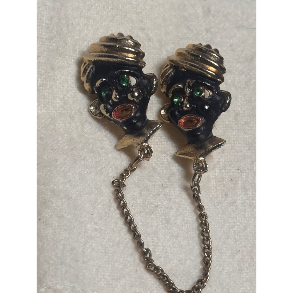 VTG Blackamoor Head Figure 1" Pin Brooch Pair Green Eyes Sweater Clips - Picture 4 of 5